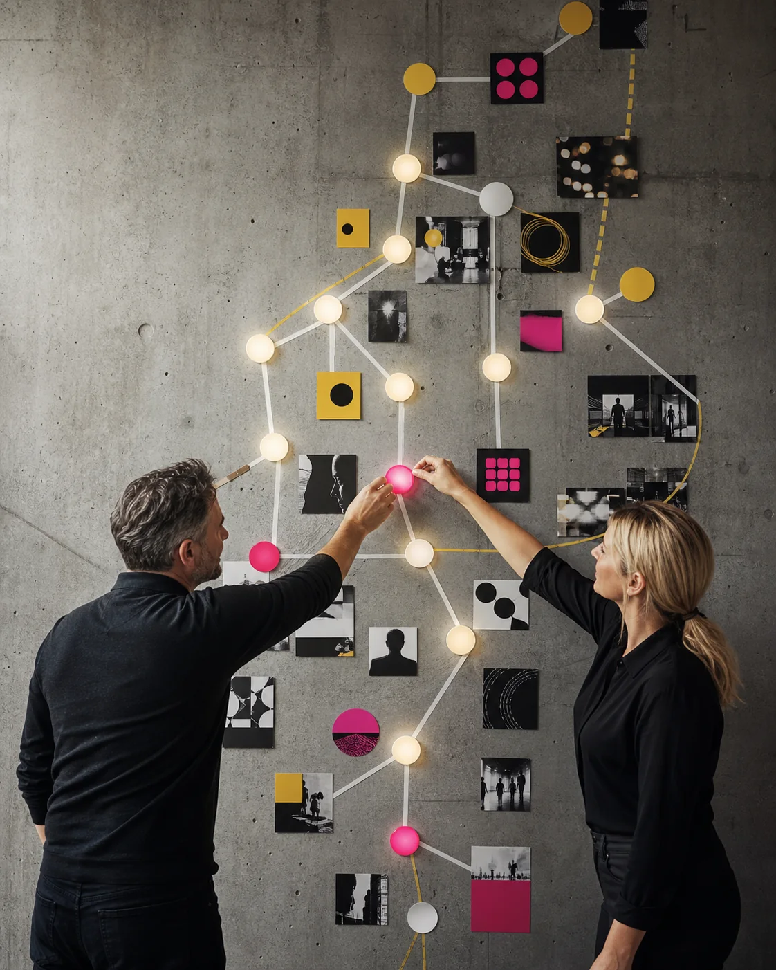 Performance marketers building a connected campaign journey on a studio wall